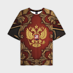 Мужская футболка оверсайз Золотой герб России на красном фоне лепнина