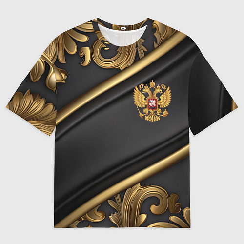 Мужская футболка оверсайз Золотой герб России на черном фоне лепнина / 3D-принт – фото 1