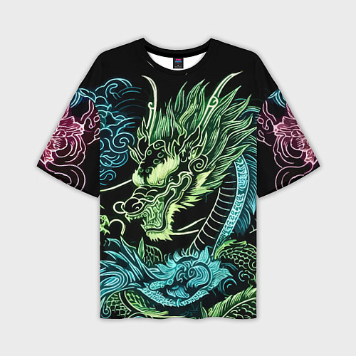Мужская футболка оверсайз Ирезуми - неоновый японский дракон / 3D-принт – фото 1