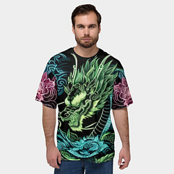 Футболка оверсайз мужская Ирезуми - неоновый японский дракон, цвет: 3D-принт — фото 2