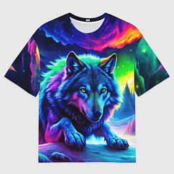 Мужская футболка оверсайз Неоновый волк - северное сияние