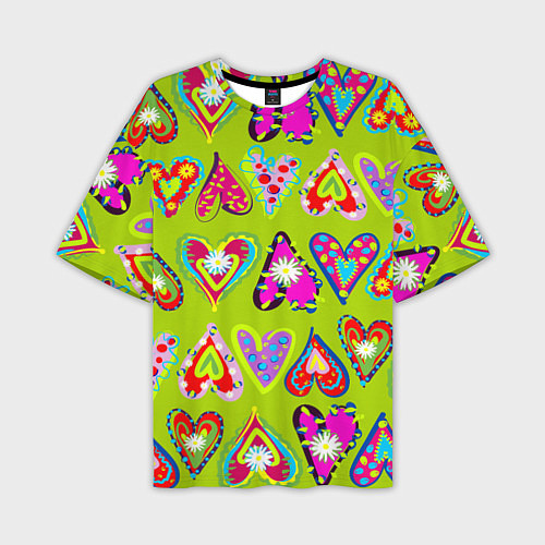 Мужская футболка оверсайз Разноцветные сердца в мексиканском стиле / 3D-принт – фото 1