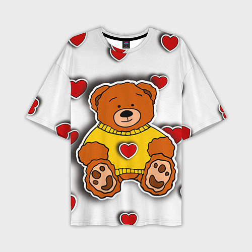 Мужская футболка оверсайз Стикер наклейка медвежонок и сердце объемный рисун / 3D-принт – фото 1