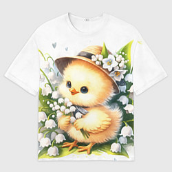 Футболка оверсайз мужская Мультяшный цыпленок с цветами ландыша, цвет: 3D-принт