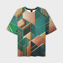 Мужская футболка оверсайз Арт деко зеленый и золотой узор из геометрических