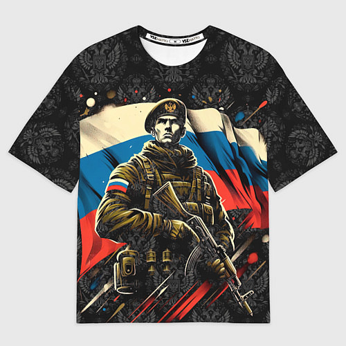 Мужская футболка оверсайз Русский солдат на фоне флага России / 3D-принт – фото 1
