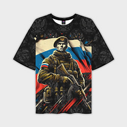 Футболка оверсайз мужская Русский солдат на фоне флага России, цвет: 3D-принт