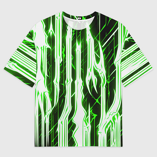 Мужская футболка оверсайз Зелёные неоновые полосы на чёрном фоне / 3D-принт – фото 1
