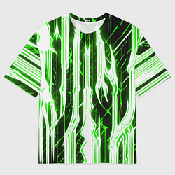 Футболка оверсайз мужская Зелёные неоновые полосы на чёрном фоне, цвет: 3D-принт
