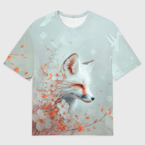 Мужская футболка оверсайз Белый лис в цветах / 3D-принт – фото 1