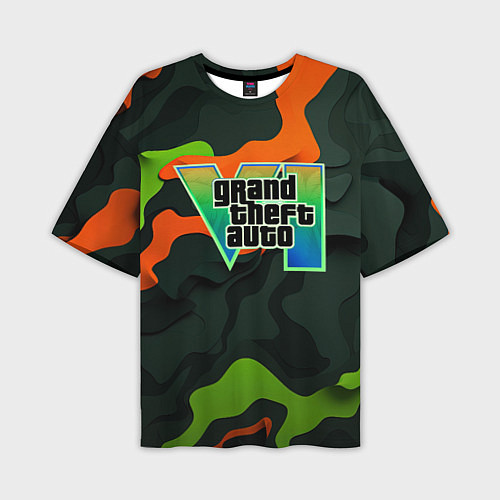 Мужская футболка оверсайз Gta лого зелено-оранжевый камуфляж / 3D-принт – фото 1