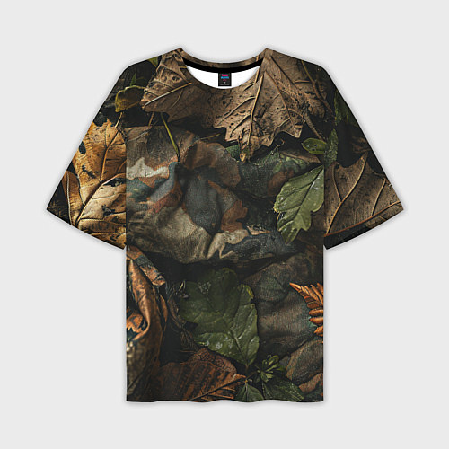 Мужская футболка оверсайз Реалистичный охотничий камуфляж из ткани и листьев / 3D-принт – фото 1