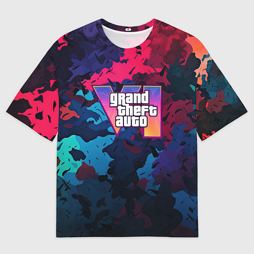 Мужская футболка оверсайз GTA 6 logo яркий неоновый камуфляжный стиль / 3D-принт – фото 1
