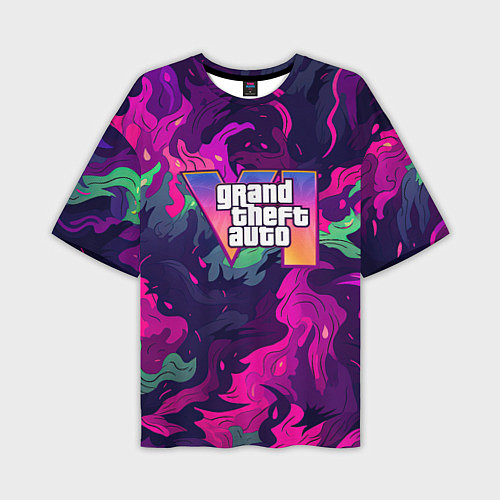 Мужская футболка оверсайз GTA 6 logo яркий неоновый камуфляжный стиль / 3D-принт – фото 1
