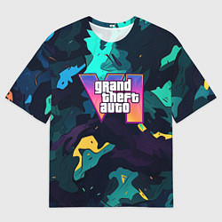 Мужская футболка оверсайз GTA 6 logo яркий неоновый камуфляжный стиль