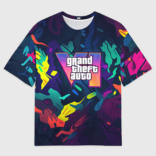 Мужская футболка оверсайз GTA 6 logo яркий неоновый камуфляжный стиль / 3D-принт – фото 1