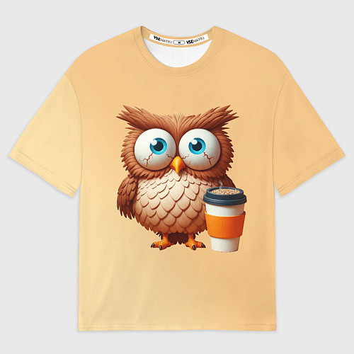 Мужская футболка оверсайз Растрепанная сова со стаканчиком кофе / 3D-принт – фото 1