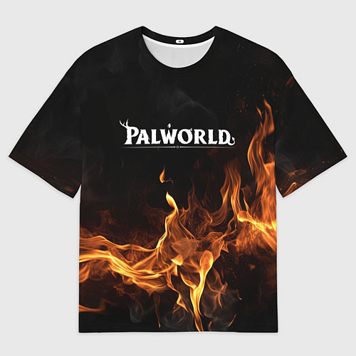Мужская футболка оверсайз Palworld логотип на черном фоне с огнем / 3D-принт – фото 1
