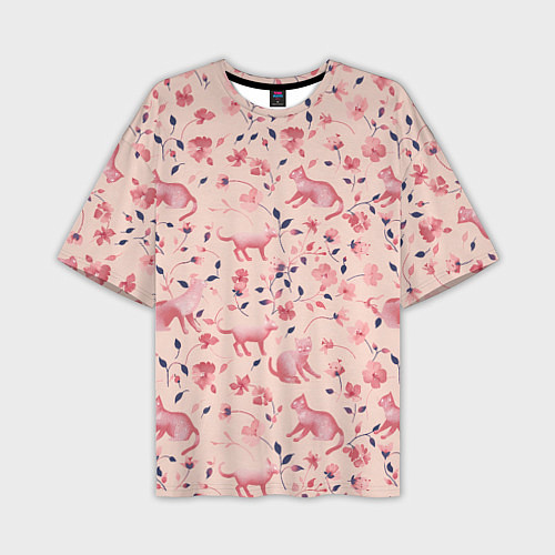 Мужская футболка оверсайз Розовый паттерн с цветами и котиками / 3D-принт – фото 1