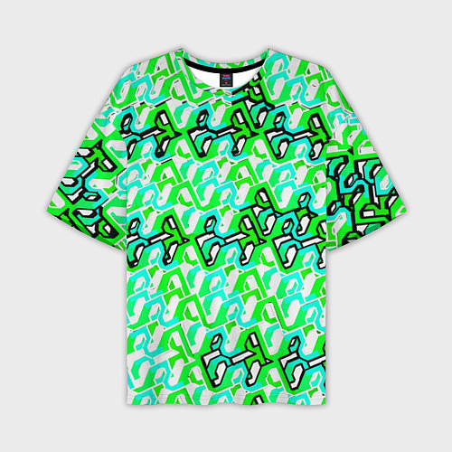 Мужская футболка оверсайз Зелёный узор и бело-чёрная обводка / 3D-принт – фото 1