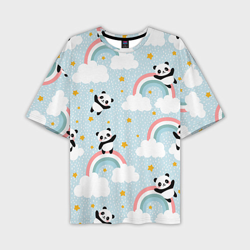 Мужская футболка оверсайз Панда на радуге / 3D-принт – фото 1