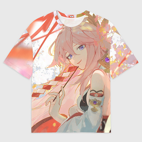 Мужская футболка оверсайз Genshin Impact Яэ Miko smile kitsune / 3D-принт – фото 1
