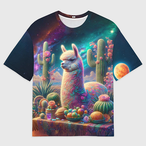 Мужская футболка оверсайз Альпака и кактусы на столе / 3D-принт – фото 1
