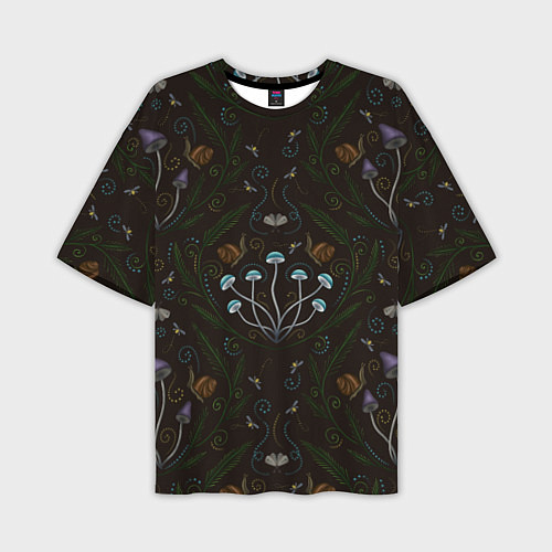 Мужская футболка оверсайз Волшебный лес, грибы, улитки и мотыльки - паттерн / 3D-принт – фото 1