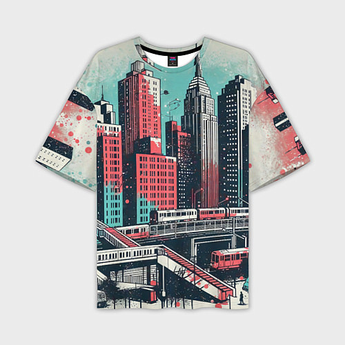 Мужская футболка оверсайз Силуэты небоскребов в брызгах красной и голубой кр / 3D-принт – фото 1