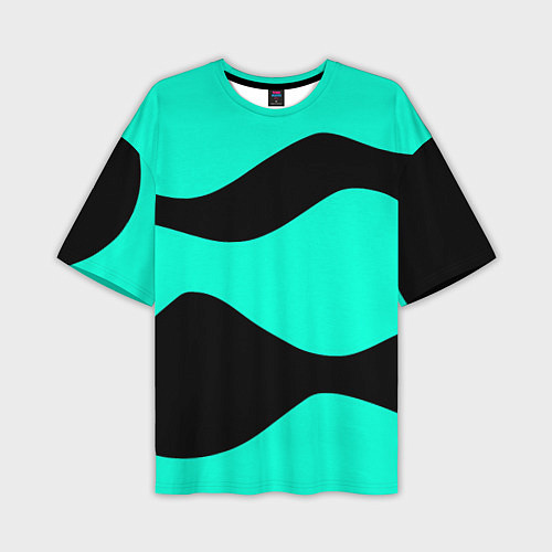 Мужская футболка оверсайз Бирюзовый в чёрные волнистые полосы абстракция / 3D-принт – фото 1