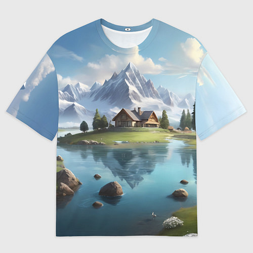 Мужская футболка оверсайз Чудесный день на берегу озера в горах / 3D-принт – фото 1