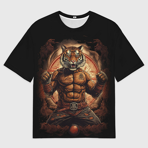 Мужская футболка оверсайз Муай - Тай боевой тигр в перчатках / 3D-принт – фото 1