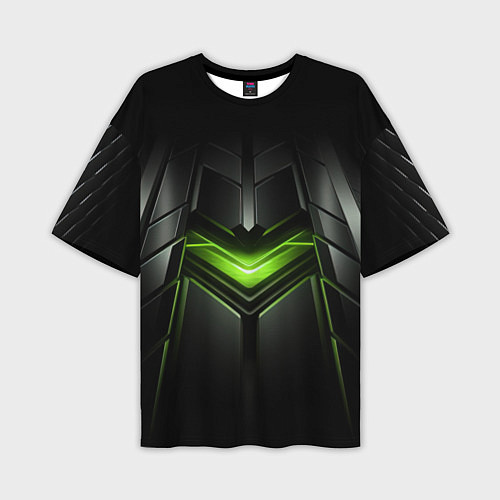 Мужская футболка оверсайз Объемная абстрактная яркая зеленая фигура на черно / 3D-принт – фото 1