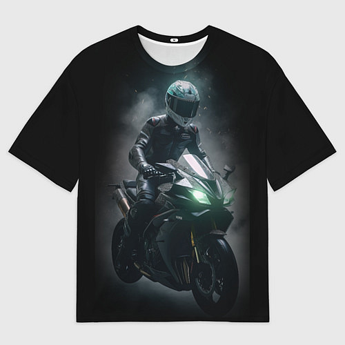 Мужская футболка оверсайз Мотоциклист на спортивном байке черный фон / 3D-принт – фото 1