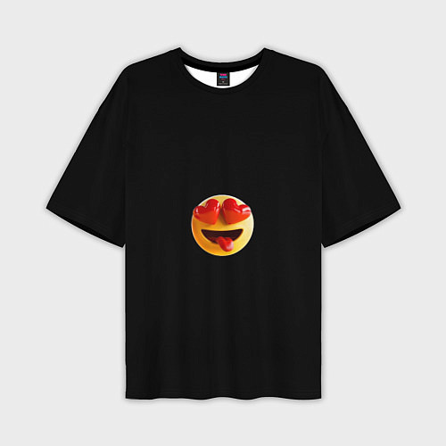 Мужская футболка оверсайз Объемный влюблённый смайл улыбка с языком черном / 3D-принт – фото 1