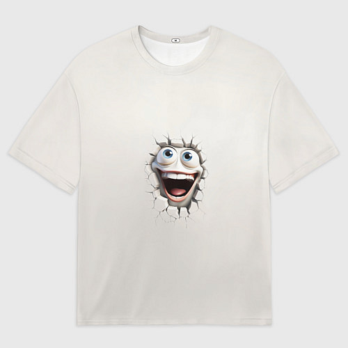 Мужская футболка оверсайз Белая мордашка смайла и дырка в треснувшей стене / 3D-принт – фото 1