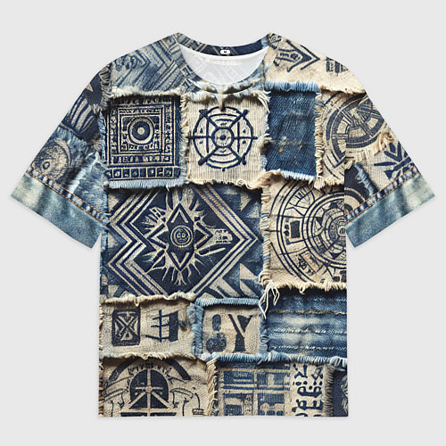 Мужская футболка оверсайз Татуировки майя на дениме / 3D-принт – фото 1