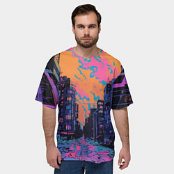 Футболка оверсайз мужская Киберпанк город в стиле комиксов, цвет: 3D-принт — фото 2