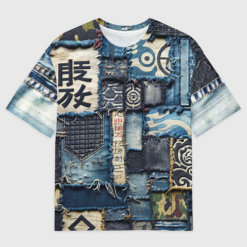 Мужская футболка оверсайз Иероглифы на пэчворк дениме / 3D-принт – фото 1