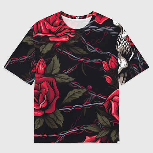 Мужская футболка оверсайз Череп и красные розы / 3D-принт – фото 1