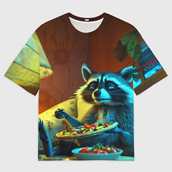 Футболка оверсайз мужская Сонный енот с пиццей на диване, цвет: 3D-принт