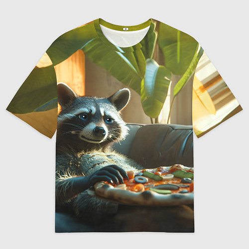 Мужская футболка оверсайз Енот ест пиццу на диване / 3D-принт – фото 1