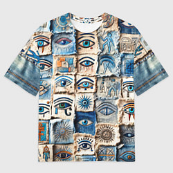 Футболка оверсайз мужская Глаза на пэчворк дениме, цвет: 3D-принт