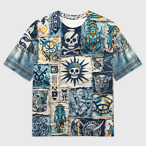 Мужская футболка оверсайз Пэчворк деним с пиратами / 3D-принт – фото 1