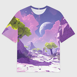 Футболка оверсайз мужская Фиолетовые горы зеленые деревья и космос, цвет: 3D-принт