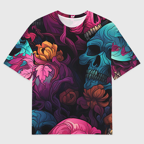 Мужская футболка оверсайз Яркие цветы с черепами / 3D-принт – фото 1