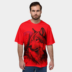 Футболка оверсайз мужская Рисунок волка на красном, цвет: 3D-принт — фото 2