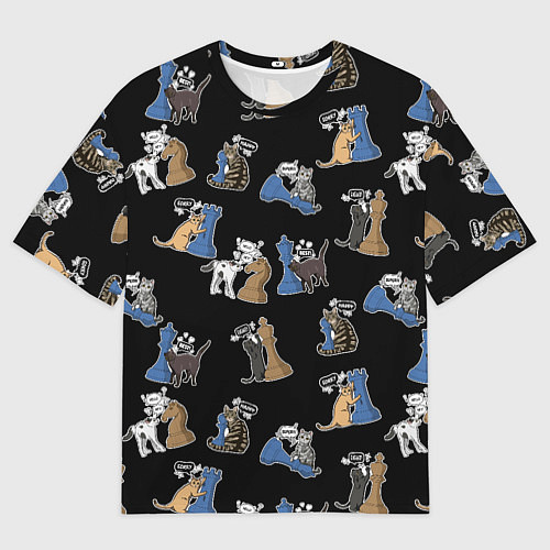 Мужская футболка оверсайз Котики и шахматы на черном / 3D-принт – фото 1