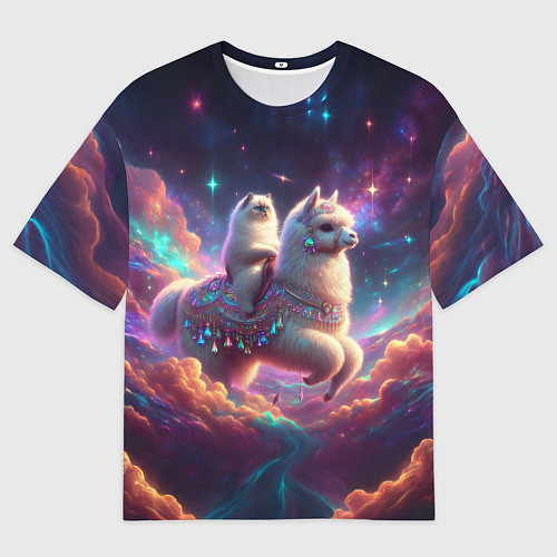 Мужская футболка оверсайз Космос и кот едет верхом на альпаке / 3D-принт – фото 1