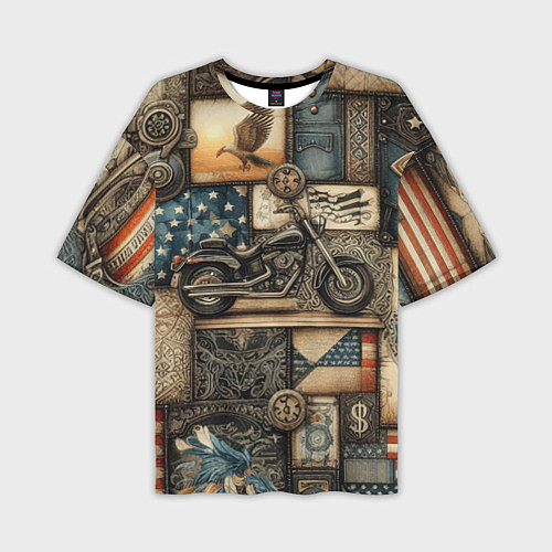Мужская футболка оверсайз Patchwork with a motorcycle - ai art / 3D-принт – фото 1